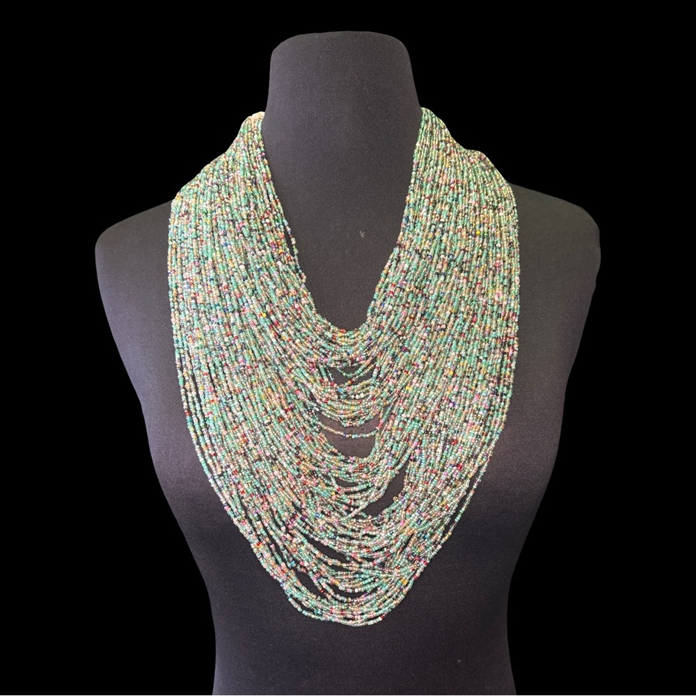 Boho Multistrand Seed Bead Statement Necklace – Layered Bib Style – New